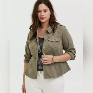 Torrid Twill Peplum Utility Button Front Jacket Olive Green Stretch 4X (26)